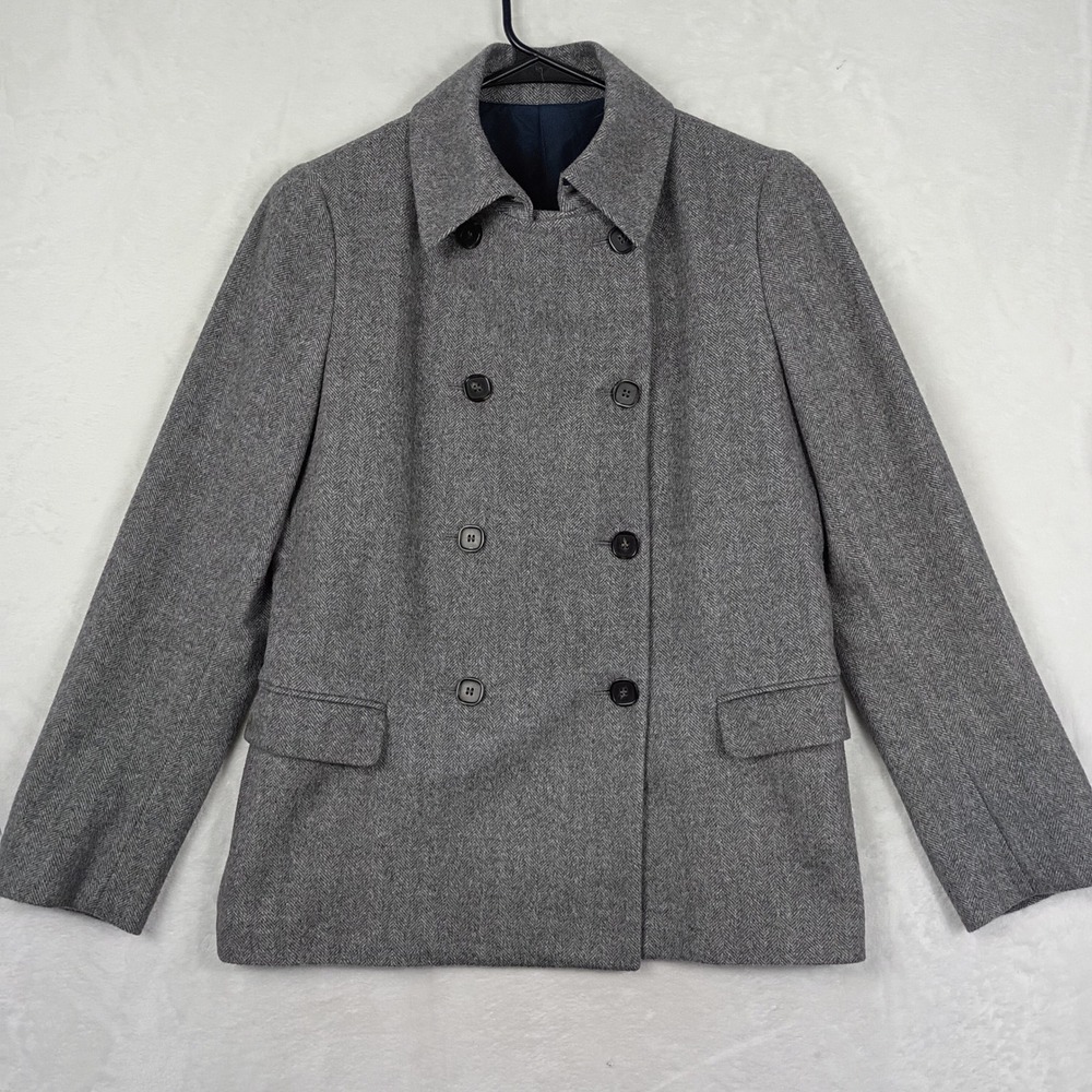 Faconnable Pea Coat Womens 42 Grey Herringbone Virgin Wool Angora Blend Vintage